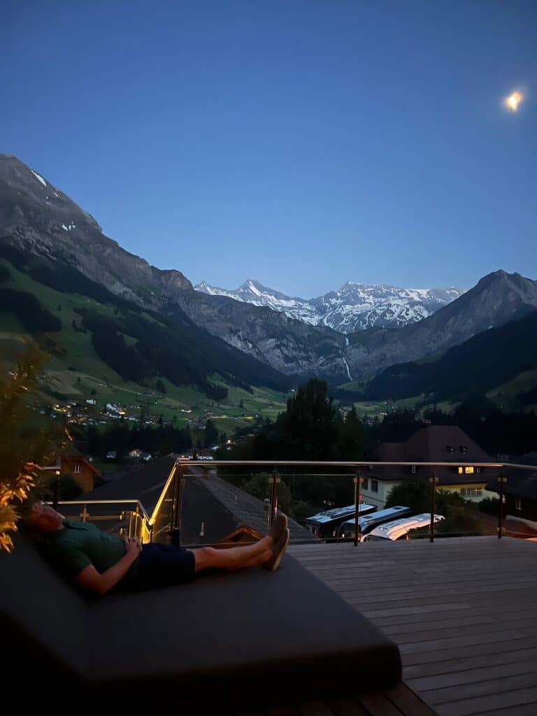 Gorgeous moonlit views in Adelboden at The Cambrian (see the waterfall?)
