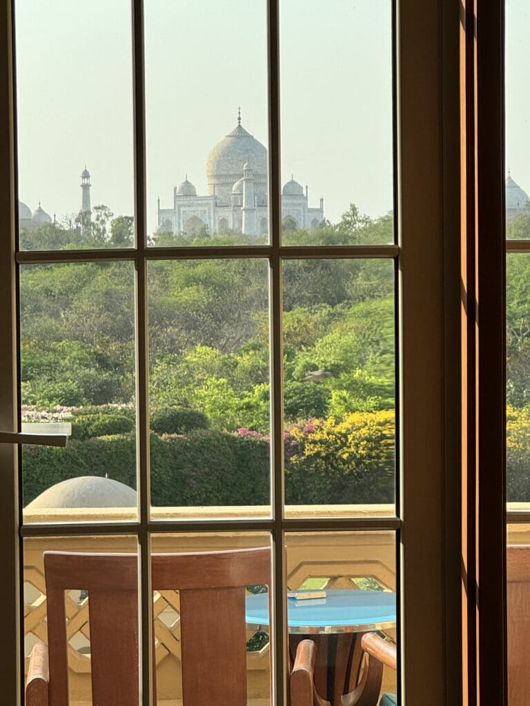 The view of the Taj Mahal from my room at the Oberoi in Agra- STUNNING.