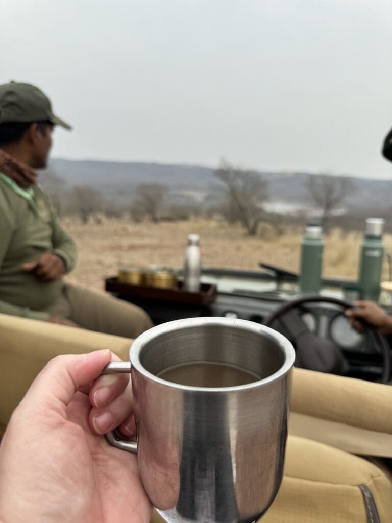 Coffee and cookies waiting on a Tiger spotting in our luxury jeeps with SUJAN Sher Bagh.