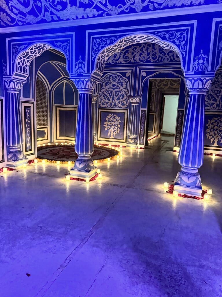 The Blue Room at the City Palace in Jaipur. Candles everywhere for our private dinner