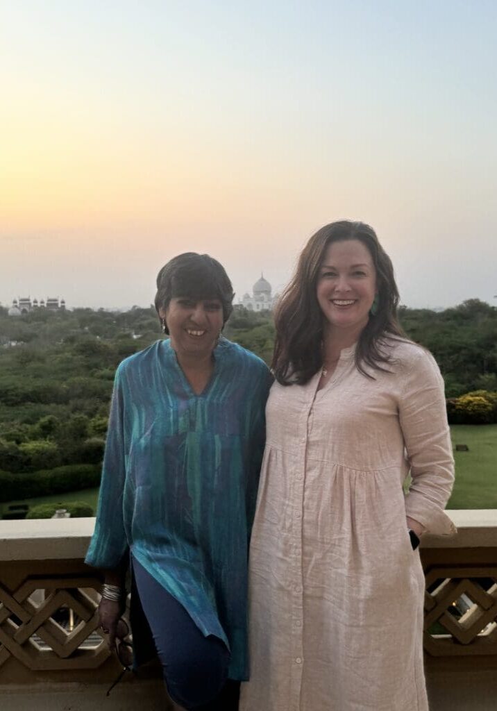 With Shonali Datta at the Oberoi Amarvilas in Agra overlooking the Taj Mahal at sunset. This is a wow hotel. 